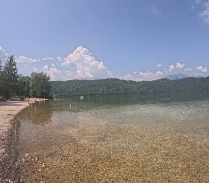 Panoramic view of the lake of Levico, in Trentino, Northern Italy. Video shot during a summer morning on the occasion of a trip to Trentino, in Northern Italy