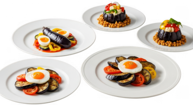 Artfully Plated Dishes Featuring Eggplant and Colorful Vegetables, isolated on a transparent background - Powered by Adobe