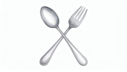 Spoon and fork crossed painted with silver and steel brush textures on white background for elegant and artistic kitchen utensil design concepts