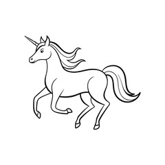 Single-line minimalistic unicorn running illustration, continuous line art, elegant mythical horse drawing, modern simple vector design, fantasy creature