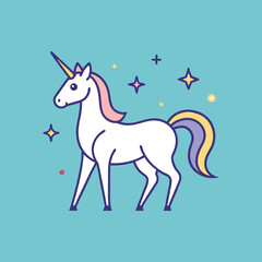 Thin line unicorn vector with sparkles, elegant minimal outline design, magical fantasy creature illustration on clean white background
