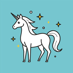 Thin line unicorn vector with sparkles, elegant minimal outline design, magical fantasy creature illustration on clean white background