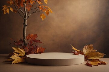 Product podium in autumn warm colors for product presentation. Mockup for branding, packaging