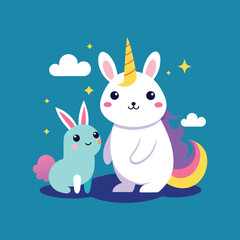 Cute unicorn and bunny best friends in minimalist line art style, perfect for children designs, stationery, and nursery decor