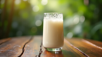 Coconut Water in Glass with Condensation on Tropical Wooden Surface