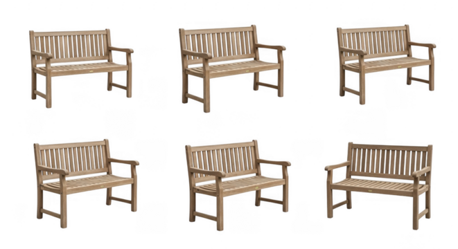 Elegant Wooden Benches in Multiple Angles for Outdoor and Indoor Seating Solutions, isolated on a transparent background