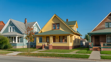 Naklejka premium Charming Suburban Street with Colorful Houses on a Sunny Day