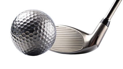 Close up of a dimpled golf ball next to a metal golf club head on black isolated on a transparent background