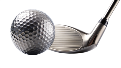 Close up of a dimpled golf ball next to a metal golf club head on black isolated on a transparent background