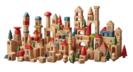 Colorful Wooden Building Blocks: a Creative Cityscape for Imaginative Play, isolated on a transparent background