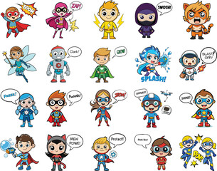 Cute Superhero Kids Vector Pack – Cartoon Child Heroes with Speech Bubbles