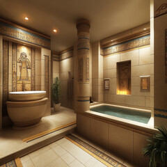 Luxurious bathroom with Egyptian inspired decor, featuring intricate hieroglyphs, large soaking tub, and water feature. warm lighting elegant