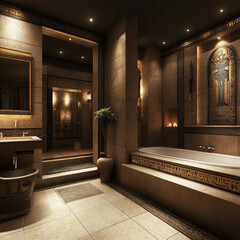 Luxurious bathroom with Egyptian inspired decor, featuring intricate carvings, spacious bathtub, and warm lighting that creates relaxing ambiance