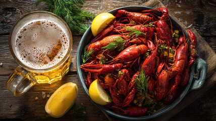 Freshly boiled crawfish served in a rustic bowl with lemon wedges, dill, and a frosty mug of beer on a wooden table, capturing the essence of seafood feasting and summer dining