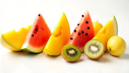 Artistic Cut Tropical Fruits (Mango, Watermelon, Kiwi) on Minimalist White Background