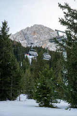 A ski lift is seen in the background of a snowy forest