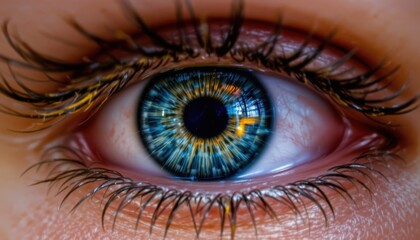 Close-Up Macro Shot of a Colorful Human Eye with Intricate Details and Reflective Elements