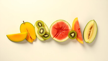 Artistic Cut Tropical Fruits (Mango, Watermelon, Kiwi) on Minimalist White Background