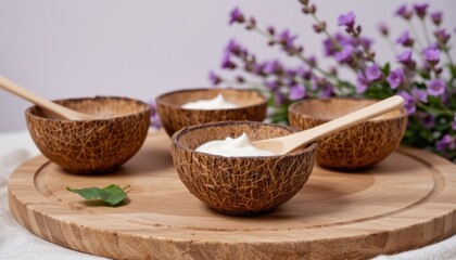 Wooden Bowls with Cream and Flower Arrangement on a Light Background in a Minimalist Setting