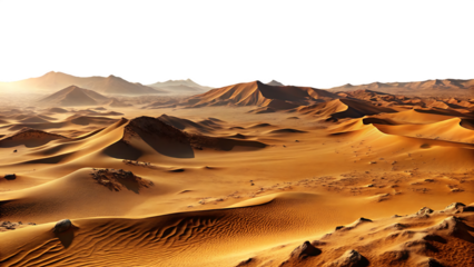 Expansive golden desert sand dunes with distant hazy mountains under a black sky A I isolated on a transparent background
