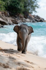 Fototapeta premium Adorable baby elephant strolling on a sandy tropical beach with lush greenery