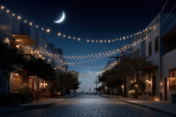 Naklejka premium Tranquil evening street with festive string lights and crescent moon under starry sky