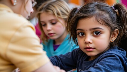 Engaged Young Girl with Dark Hair Participating in a Group Learning Activity with Friends