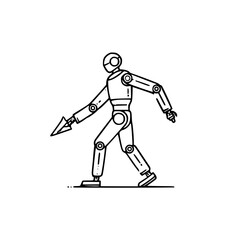 Obraz premium Robot figure walking with a tool illustration on a minimal white background copy space