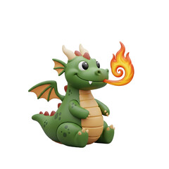 Obraz premium Cartoon Dragon 3D Rendered Illustration with Green Body Orange Flames on Transparent Background