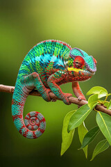 Colorful Panther Chameleon on Branch with vivid red, turquoise, and green patterns. Great for educational posters, wildlife books, eco campaigns, and tropical-themed designs.