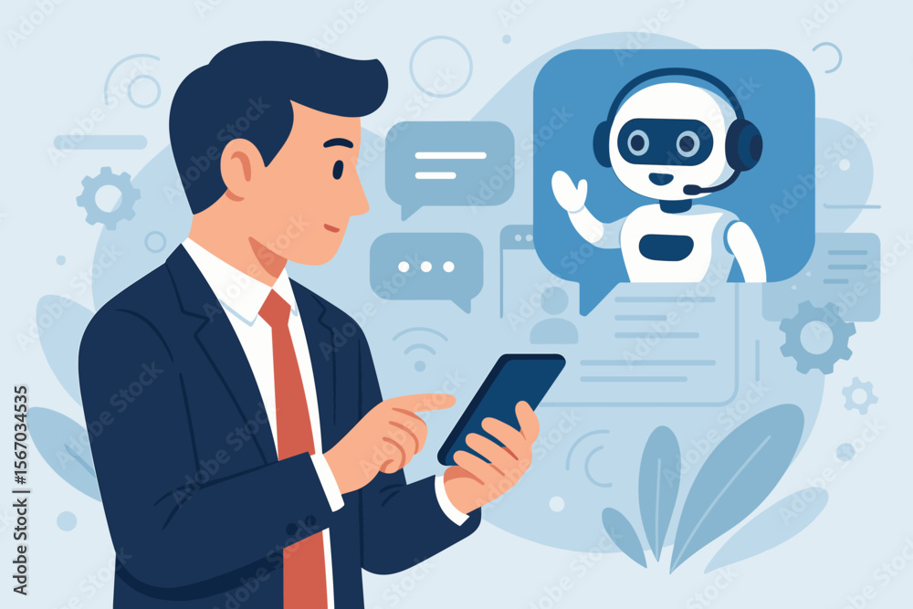 Poster businessman using smartphone to chat with an ai assistant. artificial intelligence chatbot concept w