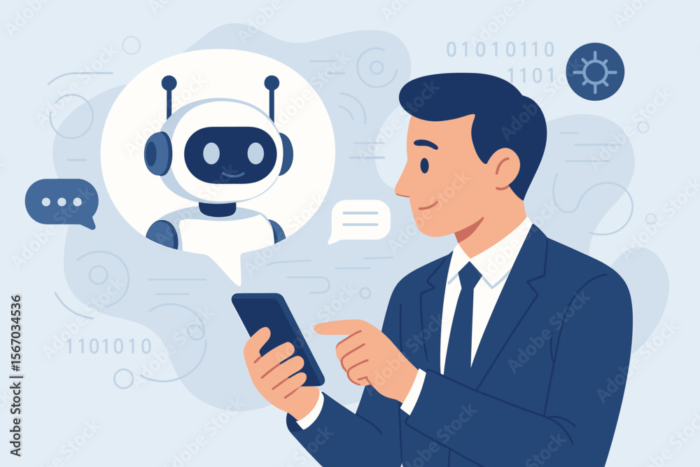 Poster businessman using smartphone with ai chatbot for online support. artificial intelligence concept. di