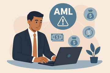 Anti-money laundering AML financial bank concept. Businessman use laptop with virtual icon for anti money laundering regulations. Financial crime prevention and compliance technology.