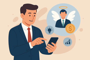Angel investor concept. Businessman using smartphone to find business angel for startup funding. Informal investor, investment, founder, venture capital, seed money, financial support.
