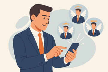 Angel investor concept with a businessman using a smartphone to find funding. Business angel, informal investor, and investment for founders. Modern flat vector illustration.