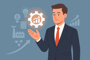 Productivity growth concept. Businessman holding efficiency icon. Industrial management and automation. Lean cost process. Virtual screen interface. Gear symbol. Modern flat vector.