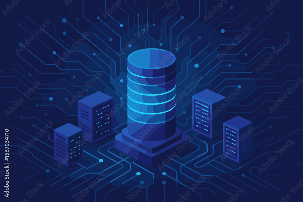 Poster data center server room isometric vector concept. hosting database, big data storage, cloud computin
