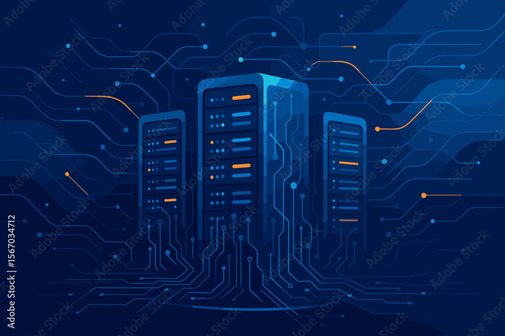 Poster data center server racks and hosting concept. abstract big data internet server farm with digital co