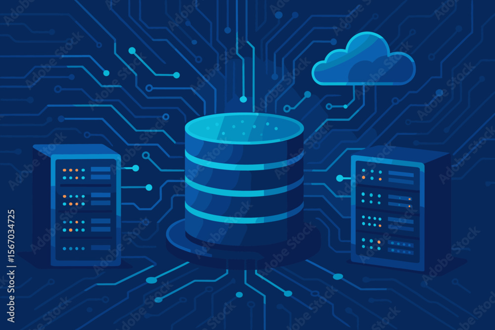 Poster data center and hosting server racks. cloud computing technology. database storage and big data proc