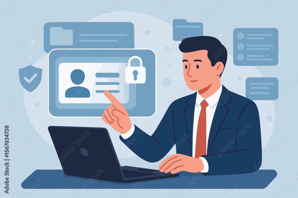 Poster digital identification concept. businessman using laptop for identity verification. secure access to