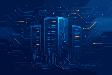 Data center server racks and hosting concept. Abstract big data internet server farm with digital connection. Futuristic circuit networking technology. Modern flat vector illustration.