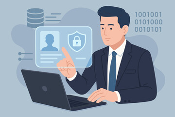 Digital identification and secure data access concept. Businessman uses laptop and virtual ID card for online authentication, login verification, and cybersecurity system protection.