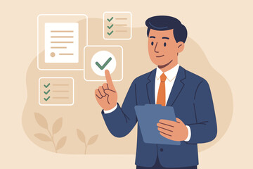 Document management concept. Businessman approves project on virtual screen. Business performance checklist, evaluation and digital transformation. Man checking workflow tasks.