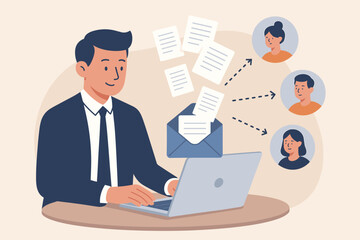 Email marketing and newsletter campaign concept. Businessman sending bulk mail to a customer list. Digital promotion strategy for direct sales. Customer relationship management.