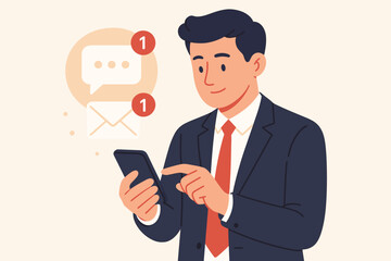 Businessman Receiving Notification Alerts on Smartphone, Unread Messages and Email, Mobile Communication, Office Worker, Digital Messaging, Modern Flat Vector Illustration