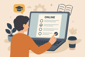 Online Exam and Education Assessment Concept, Student Taking Test on Laptop, E-Learning Questionnaire, Digital Evaluation, Remote Learning, Modern Flat Vector Illustration
