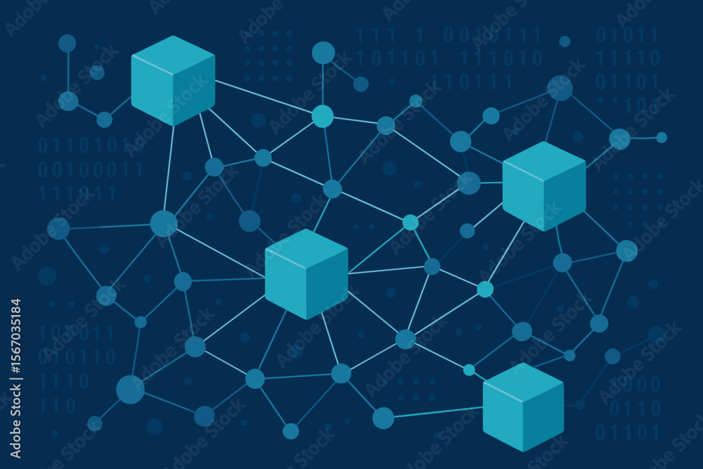 Poster blockchain network structure, digital data connection, distributed ledger technology, futuristic nod