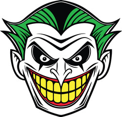 Stylized illustration of a menacing clown face with green hair and a wide sinister smile isolated on transparent background