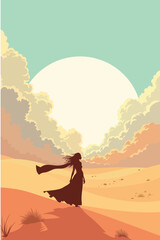 Naklejka premium Girl, Wind, Desert, Dress, Woman, Divorce, Mental Health, Love, Hug, Freedom, Thoughts, World, Life, Vector, Artwork