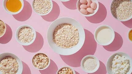 An overhead inspired depiction of shot of a breakfast table featuring various oat dishes. Pink background,